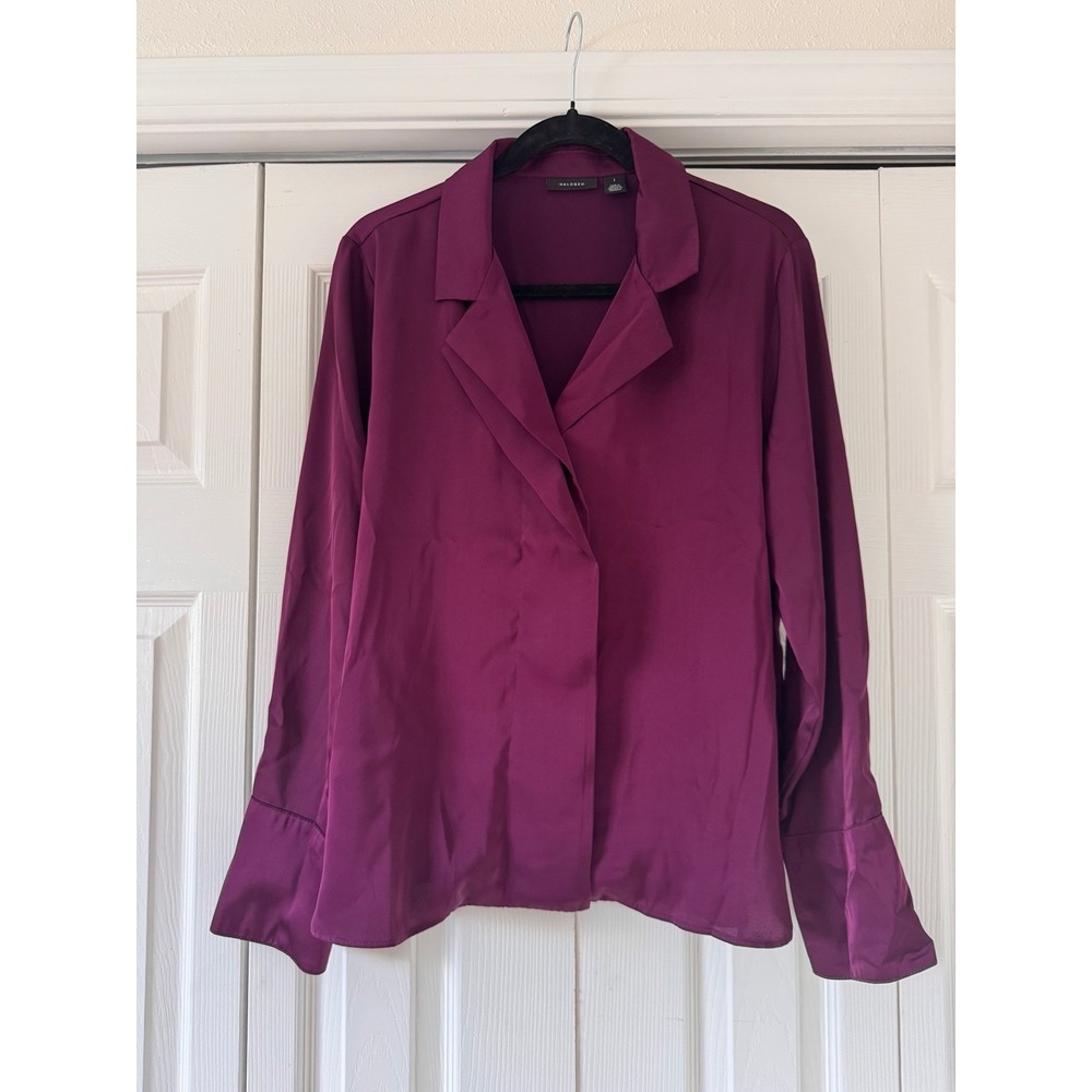 Halogen Burgundy Satin Blouse Size L Button Front Long Sleeve